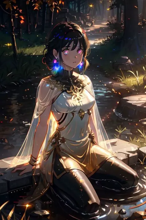 1girl, beautiful woman, iridescent glow eyes, white face, red earrings, [copper] (glow see-through dress), black leggings, she is sitting on wet ash ground, water, , destroyed houses, destroyed street, grass, small rocks, tree canopy, sunlit, weak lights and shadows