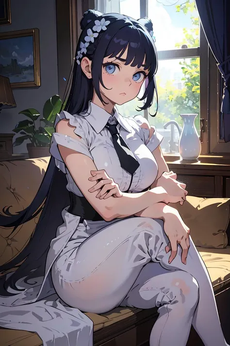 (masterpiece, best quality), female teenager, broad, south asian, light blue eyes, normal ears,  pointed chin,  unique cheeks, rounded forehead, pear face shape, articulate fingers,  , lavender
 curtain bangs hair, nervousness
 wearing  linen jumpsuit, damask    __bo/properties/color__
 corset top,   ,,tie 
, sitting with arms and legs crossed, appearing closed-off