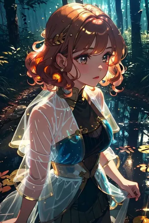 Reflections in a forest puddle,1girl, a pretty woman, beautiful face, white face, close up, face focus, curly hair, short copper-colored hair tinged with gold, white coat, see-through leggings, blue see-through skirt, see-through dress,, she is standing