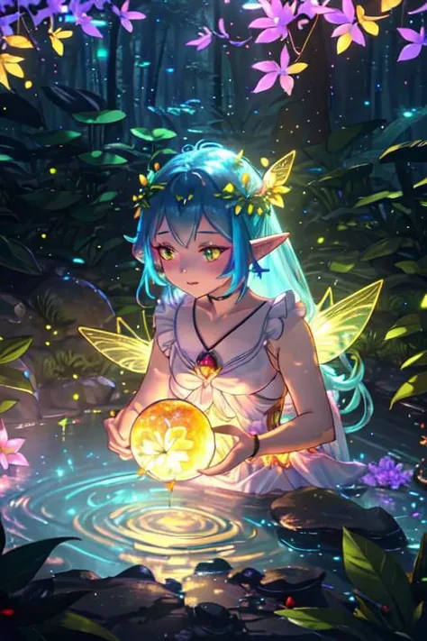 A beautiful girl with pink hair and elf ears bathing in a river of water illuminated by the full moon and stars, surrounded by glowing fireflies and glowing dragonflies