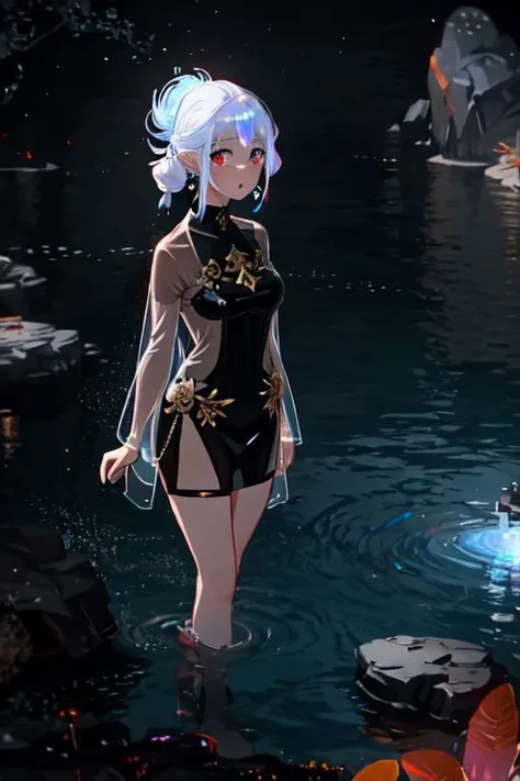 1girl, beautiful woman, iridescent glow eyes, white face, red earrings, [copper] (black see-through dress), near cave gate and black rock and water garden and sea and blue sky