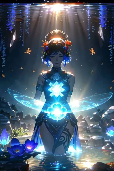 Mobius beautiful woman, close up, face focus, with fake breasts with (blue see-through dress) holding a red brown flowers in water Garden, sun shining Bright at morning, volumetric lighting, flat lighting, photo, beautiful, black rocks, beautiful glow crystal, beautiful cave, dispersion, sunlit, weak lights and shadows