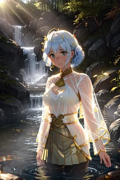 elegant sunlit, weak light and shadows, tree canopy, hot spring, hydrothermal spring, or geothermal spring,1girl, a pretty woman, beautiful face, white face, close up, face focus, curly hair, short copper-colored hair tinged with gold, white coat, see-through leggings, blue see-through skirt, see-through dress, green water, she is standing