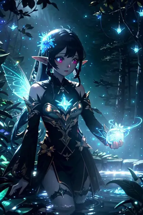 Detailed textures, high quality, high resolution, high accuracy, realism, color correction, correct lighting settings, harmonious composition. the cover of the art book "Harlequin dreamer" silhouette of a black elf girl in the night illuminated by the moon, in an elf costume on a futuristic background, 1 girl, chest, black hair, dark skin, black hunter costume, elf ears, mystical beauty, dagger in hand, stern look, parted lips, neon tattoos, mystical eyes, neon eyes, jewelry, earrings, solo, neckline, curvaceous, looks at the viewer, sexy clothes, stands in a mystical forest, fantasy forest, night lights, at night, dark ef, Artoria Custer (third ascension), Magic circle, Mantra Circle, fantasy, white hell