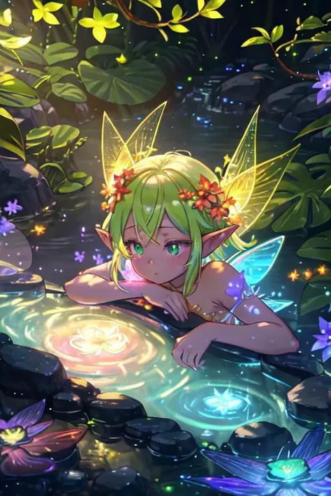 Masterpiece, best quality, very detailed CG unified 8k, best quality, best shadow,  glowing vampire purple-black-pink fairy elf with a glowing goddess woman red-lime-green fairy elf, drinking water in the pool, natural elements in forest theme. Mysterious forest, beautiful forest, nature, surrounded by flowers, delicate leaves and branches surrounded by fireflies (natural elements), (jungle theme), (gold glow leaves), (glow red branches), (white fireflies), (pink particle effects) and other 3D, Octane rendering, ray tracing, super detailed , glow vampire-goddess green-lime-red fairy elf, close up, face focus, - spirit light glow, sunlit, red weak lights and shadows, reflection of spirit forest, colorful bloom forest with iridescent and dispersion and rainbows, - glowing fairy elf with a glowing goddess woman pink-green-lime-red-yellow-blue fairy elf, drinking water in the pool, natural elements in forest theme. Mysterious forest, colorful beautiful forest, ultra-blue nature, surrounded by flowers, delicate leaves and branches surrounded by fireflies (natural elements), (violet jungle theme), (blue leaves), (yellow branches), (white fireflies), (red particle effects) and other 3D, Octane rendering, ray tracing, super detailed , glow goddess pink-green-yellow fairy elf,