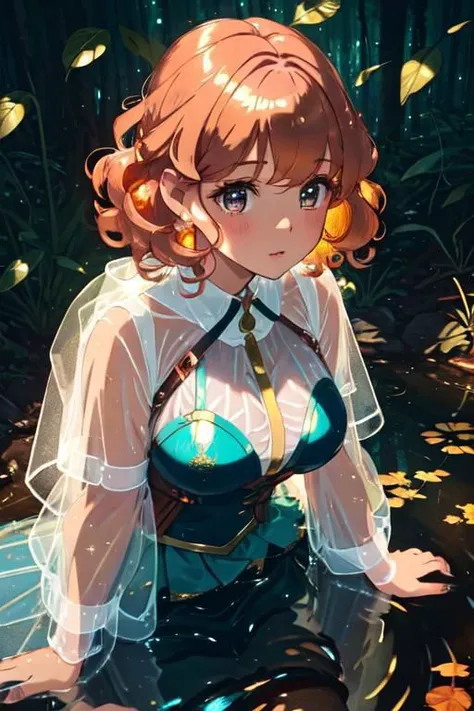 Reflections in a forest puddle,1girl, a pretty woman, beautiful face, white face, close up, face focus, curly hair, short copper-colored hair tinged with gold, white coat, see-through leggings, blue see-through skirt, see-through dress,, she is standing