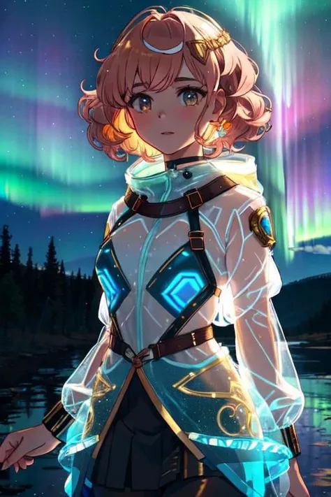 Northern Lights,1girl, a pretty woman, beautiful face, white face, close up, face focus, curly hair, short copper-colored hair tinged with gold, white coat, see-through leggings, blue see-through skirt, see-through dress,, she is standing