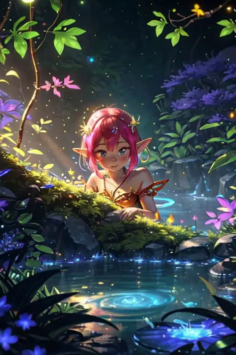 A beautiful girl with pink hair and elf ears bathing in a river of water illuminated by the full moon and stars, surrounded by glowing fireflies and glowing dragonflies, <lora:rcnz_hqr:0.1>
