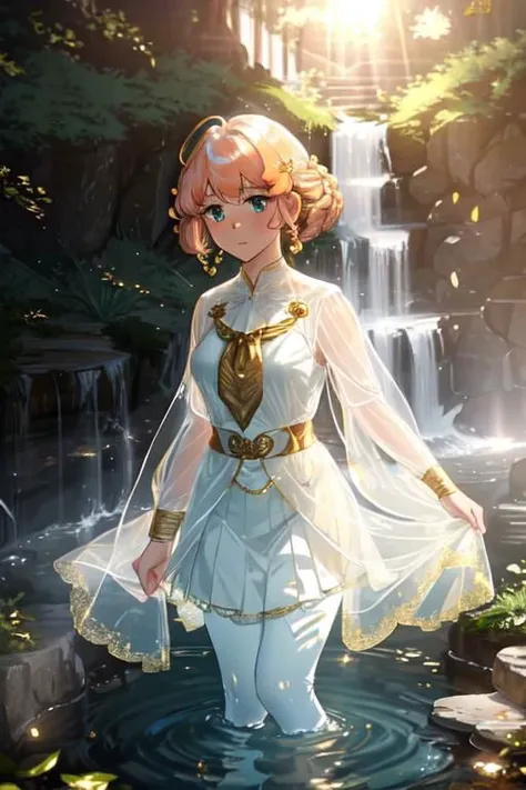 elegant sunlit, weak light and shadows, tree canopy, Big Spring rises at the base of a limestone bluff ,1girl, a pretty woman, beautiful face, white face, close up, face focus, curly hair, short copper-colored hair tinged with gold, white coat, see-through leggings, blue see-through skirt, see-through dress, green water, she is standing