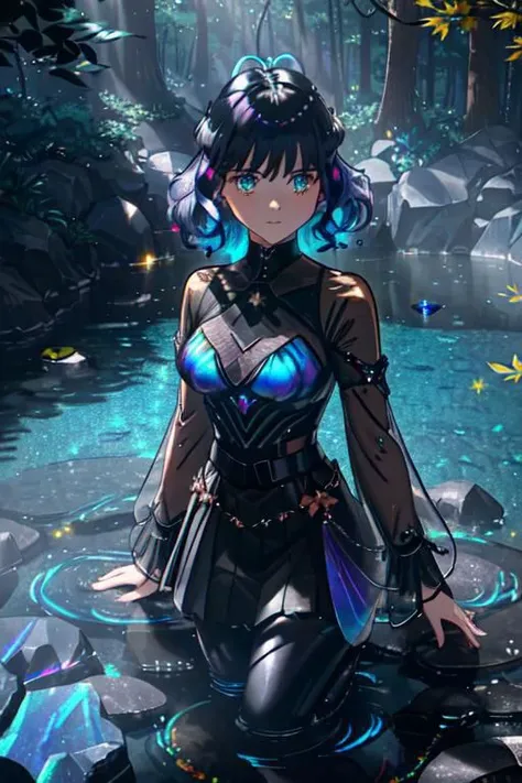 the ground is full of sharp black iridescent large rocks or (iridescent black sharp crystals), iridescent red black rocks, yellow iridescent black crystals, - elegant sunlit, weak lights and shadows, tree canopy, - iridescent yellow crystals, elegant sunlit, weak light and reflection shadows, tree canopy,- 1girl, a pretty woman, beautiful face, white face, close up, face focus, curly hair, short copper-colored hair, iridescent coat, black see-through leggings, see-through tight skirt, she is with many dynamic poses, cyan water,- the ground is full of sharp black cyan large rocks or red iridescent sharp crystals, yellow iridescent black rocks, blue iridescent crystals, rims sunlit, weak light and shadows, tree canopy,- 1girl, a pretty woman, beautiful face, , close up, face focus, curly hair, short copper-colored hair, see-through coat, black leggings, blue see-through skirt, see-through dress, she is with many dynamic poses, - blue water, elegant sunlit, reflection weak light and shadows, tree reflection canopy, - 1girl, a pretty woman, beautiful face, , close up, face focus, curly hair, short copper-colored hair, see-through coat, black leggings, blue see-through skirt, see-through dress, she is with many dynamic poses, -blue water, moss, vegetation, redwood, elegant sunlit, reflection weak light and shadows, tree canopy, (iridescent black sharp crystals, iridescent yellow sharp crystals), - weak light and shadows, tree canopy,