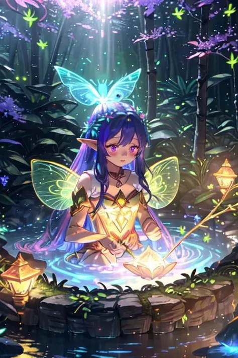 Masterpiece, best quality, very detailed CG unified 8k, best quality, best shadow, glowing vampire purple-black-pink fairy elf with a glowing goddess woman red-lime-green fairy elf, drinking water in the pool, natural elements in forest theme. Mysterious forest, beautiful forest, nature, surrounded by flowers, delicate leaves and branches surrounded by fireflies (natural elements), (jungle theme), (gold glow leaves), (glow red branches), (white fireflies), (pink particle effects) and other 3D, Octane rendering, ray tracing, super detailed , glow vampire-goddess green-lime-red fairy elf, close up, face focus, - spirit light glow, sunlit, red weak lights and shadows, reflection of spirit forest, colorful bloom forest with iridescent and dispersion and rainbows, - glowing fairy elf with a glowing goddess woman pink-green-lime-red-yellow-blue fairy elf, drinking water in the pool, natural elements in forest theme. Mysterious forest, colorful beautiful forest, ultra-blue nature, surrounded by flowers, delicate leaves and branches surrounded by fireflies (natural elements), (violet jungle theme), (blue leaves), (yellow branches), (white fireflies), (red particle effects) and other 3D, Octane rendering, ray tracing, super detailed , glow goddess pink-green-yellow fairy elf,