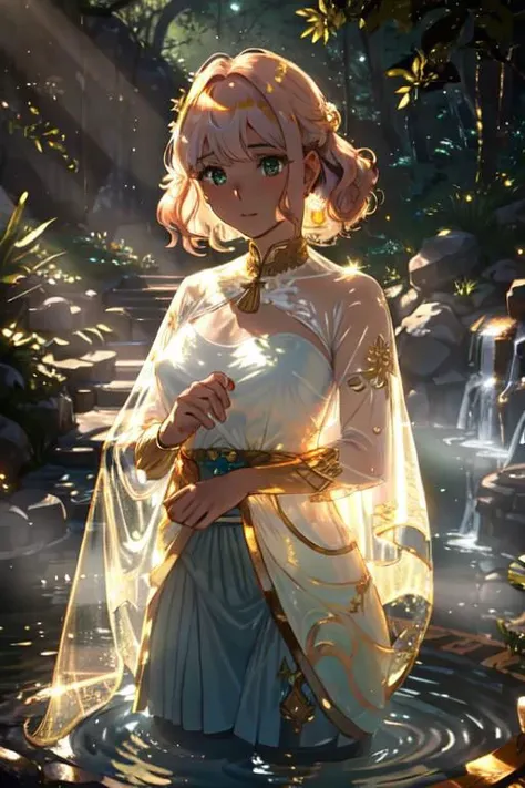 elegant sunlit, weak light and shadows, tree canopy, Hot water springs,1girl, a pretty woman, beautiful face, white face, close up, face focus, curly hair, short copper-colored hair tinged with gold, white coat, see-through leggings, blue see-through skirt, see-through dress, green water, she is standing