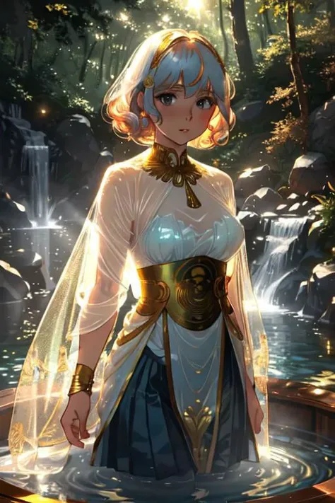 elegant sunlit, weak light and shadows, tree canopy, Hot water springs,1girl, a pretty woman, beautiful face, white face, close up, face focus, curly hair, short copper-colored hair tinged with gold, white coat, see-through leggings, blue see-through skirt, see-through dress, green water, she is standing