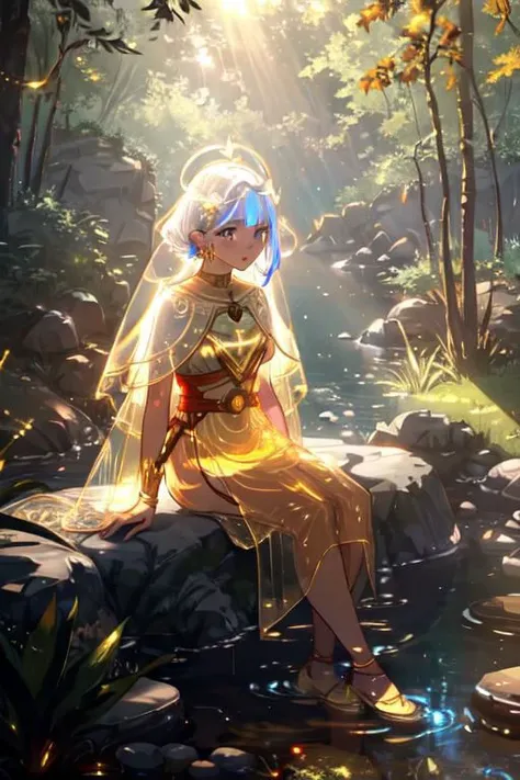 1girl, beautiful woman, iridescent glow eyes, white face, red earrings, [copper] (glow see-through dress), she is sitting on wet ground, water, grass, small rocks, tree canopy, sunlit, weak lights and shadows