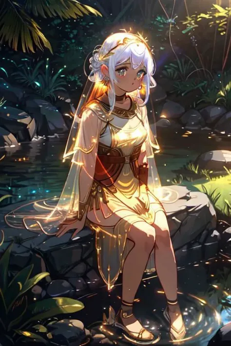 1girl, beautiful woman, iridescent glow eyes, white face, red earrings, [copper] (glow see-through dress), she is sitting on wet ground, water, grass, small rocks, tree canopy, sunlit, weak lights and shadows