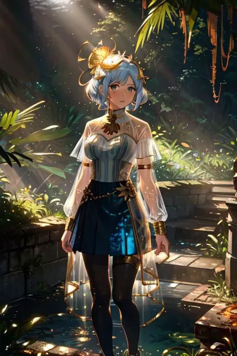 1girl, a pretty woman, beautiful woman, white face, curly hair, short copper-colored hair tinged with gold, white coat, blue see-through skirt, see-through leggings, see-through dress, she is standing near rushed mossed vegetation ruined collapsed base, blue water, sewer pipes, rusted mesh fence walls, tree canopy, sunlit, weak light and shadows,