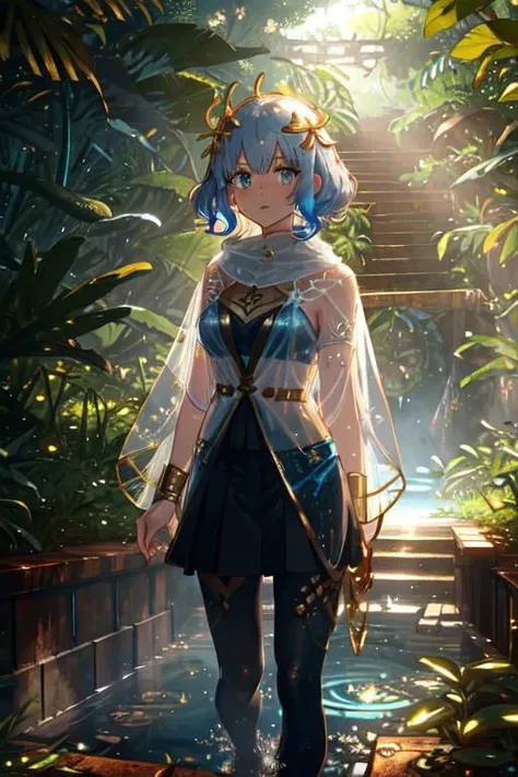 1girl, a pretty woman, beautiful woman, white face, curly hair, short copper-colored hair tinged with gold, white coat, blue see-through skirt, see-through leggings, see-through dress, she is standing near rushed mossed vegetation ruined collapsed base, blue water, sewer pipes, rusted mesh fence walls, tree canopy, sunlit, weak light and shadows,
