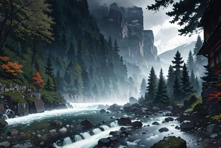 rocky river stream, steep valley, deciduous forest, castle ruins in the style of Bastien Lecouffe Deharm in Brooding landscapes, epic scale, German myth, layered symbolic density