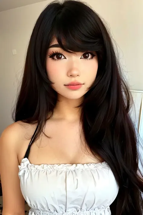 A close up of a woman with long black hair wearing a white dress