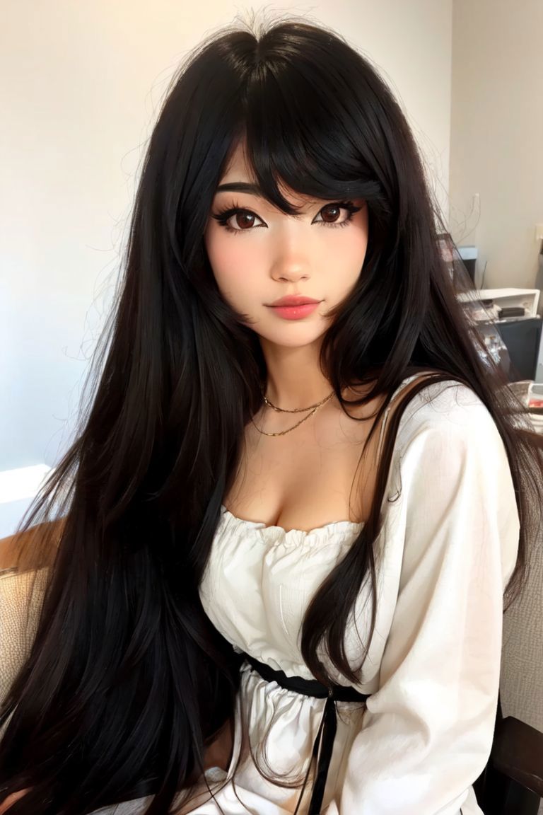 A close up of a woman with long black hair sitting on a couch - SeaArt AI