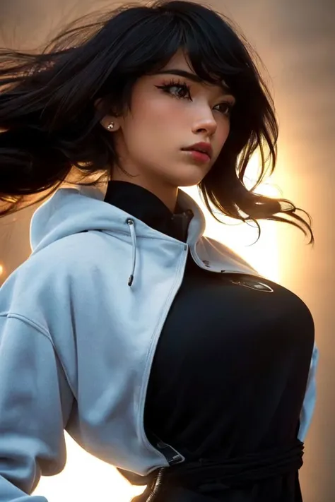 (rule of thirds), (masterpiece), (highly detailed), (realistic), (photorealistic),(1girl, black hair, long hair, brown eyes, Emiru, white sweatshirt,) (neon signs, futuristic, science fiction,) (backlight, close up, cowboy shot, dynamic lighting, cinematic lighting, depth of field, bokeh, godrays, fog, volumetric lighting,) <lora:Emiru:1>