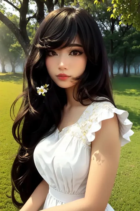 (rule of thirds), (masterpiece), (highly detailed), (realistic), (photorealistic),(1girl, black hair, long hair, brown eyes, Emiru, looking at viewer, white dress,) (park background, flowers, trees, foliage, grass, sunny, outdoors,) (close up, cowboy shot, dynamic lighting, cinematic lighting, depth of field, bokeh, godrays, fog, volumetric lighting,) <lora:Emiru:1>