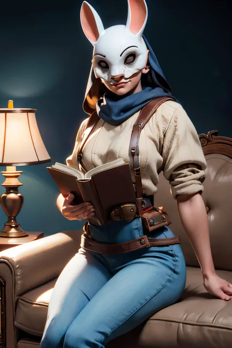 tHuntress, ,mask with ears,black cowl,suspenders, white shirt, pants, tool belt, blue pelvic curtain, orange waistband looking at viewer,smirk,  sitting, on sofa, holding a book, lamp, soft lighting, high quality, masterpiece, <lora:TheHuntress:.8>