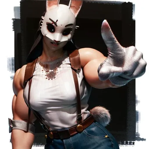 tHuntress, bunny mask,rabbit ears,muscular,thighs, long hair, glowing white eyes, menacing, thighs, upper body, pointing at viewer,
thAttire,suspenders,shirt ,pants,belt,gloves,
(insanely detailed, beautiful detailed face, masterpiece, best quality) <lora:Huntress-09:0.8> <lora:Crazy_ExpressionsV2:0.8>