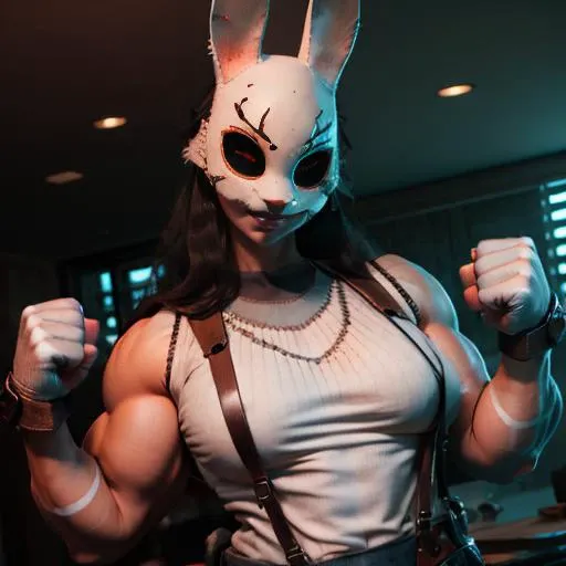 tHuntress, bunny mask,rabbit ears,muscular,thighs, long hair, glowing white eyes, menacing, thighs, upper body, clenched fist,
thAttire,suspenders,shirt ,pants,belt,gloves,
(insanely detailed, beautiful detailed face, masterpiece, best quality) <lora:Huntress-09:0.8> <lora:Crazy_ExpressionsV2:0.8>
