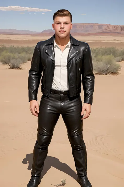 best quality, masterpiece,(J.C. Leyendecker illustration) of sc_brodie <lora:sc_brodie-04:1> dressed as a black leather biker in the desert, 1950s vintage aesthetic, pompadour, relaxed rebellious expression, highly detailed, rich vibrant colors