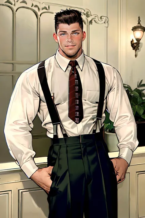 masterpiece, best quality, (1950s illustration) of sc_brodie <lora:sc_brodie-04:1> posing in a manor <lora:r3tr0m3ns:0.7> r3tr0m3ns, well-fitting white shirt, collared shirt, well-fitting pants, suspenders, necktie, pompadour, relaxed confident expression, highly detailed, depth of field <lora:add_detail:0.5>