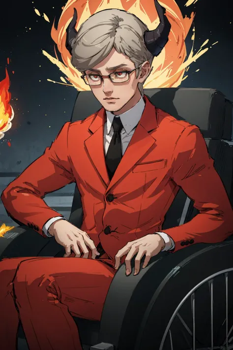 masterpiece, best quality,  <lora:zs_Stephen:0.9> stephensmt, formal, red suit, glasses, grey hair, grey eyes, wheelchair, furrowed brow, glowing eyes, burning, flames, trail, glowing, horns, red eyes, devil horns