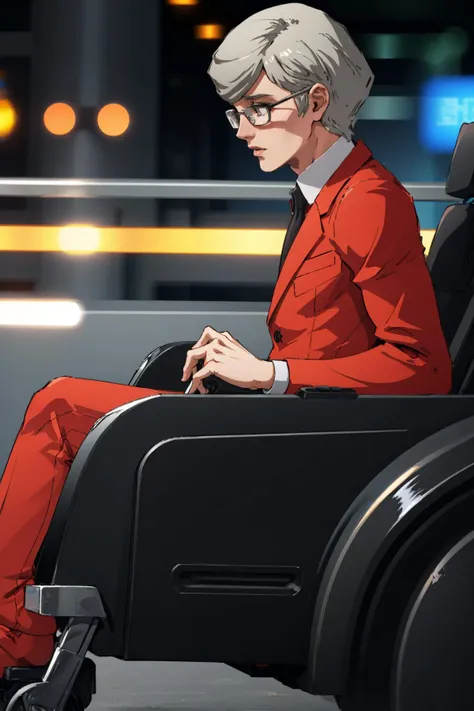 masterpiece, best quality, <lora:zs_Stephen:0.9> stephensmt, formal, red suit, glasses, grey hair, grey eyes, wheelchair, bokeh, road, highway, speed lines, motion lines, motion blur, from side