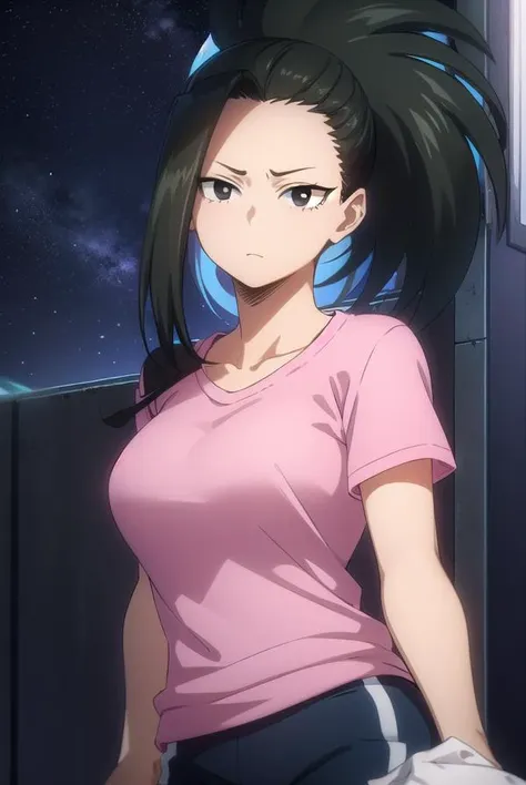 yaoyorozumomo, <lora:momo yaoyorozu s3-lora-nochekaiser:1>,
yaoyorozu momo, (momo yaoyorozu:1.2), long hair, bangs, black hair, ponytail, (black eyes:1.5), high ponytail, wide ponytail,
BREAK collarbone, short sleeves, pants, (pink shirt:1.2), blue pants, track suit, track pants, sweatpants,
BREAK outdoors, night sky, night, star \(sky\),
BREAK looking at viewer,
BREAK <lyco:GoodHands-beta2:1>, (masterpiece:1.2), best quality, high resolution, unity 8k wallpaper, (illustration:0.8), (beautiful detailed eyes:1.6), extremely detailed face, perfect lighting, extremely detailed CG, (perfect hands, perfect anatomy),