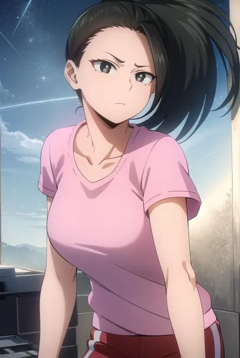 yaoyorozumomo, <lora:momo yaoyorozu s3-lora-nochekaiser:1>,
yaoyorozu momo, (momo yaoyorozu:1.2), long hair, bangs, black hair, ponytail, (black eyes:1.5), high ponytail, wide ponytail,
BREAK collarbone, short sleeves, pants, (pink shirt:1.2), blue pants, track suit, track pants, sweatpants,
BREAK outdoors, night sky, night, star \(sky\),
BREAK looking at viewer,
BREAK <lyco:GoodHands-beta2:1>, (masterpiece:1.2), best quality, high resolution, unity 8k wallpaper, (illustration:0.8), (beautiful detailed eyes:1.6), extremely detailed face, perfect lighting, extremely detailed CG, (perfect hands, perfect anatomy),