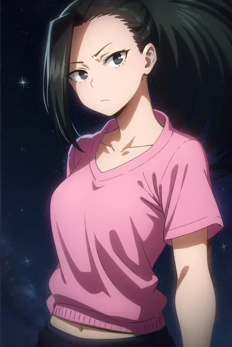 yaoyorozumomo, <lora:momo yaoyorozu s3-lora-nochekaiser:1>,
yaoyorozu momo, (momo yaoyorozu:1.2), long hair, bangs, black hair, ponytail, (black eyes:1.5), high ponytail, wide ponytail,
BREAK collarbone, short sleeves, pants, (pink shirt:1.2), blue pants, track suit, track pants, sweatpants,
BREAK outdoors, night sky, night, star \(sky\),
BREAK looking at viewer,
BREAK <lyco:GoodHands-beta2:1>, (masterpiece:1.2), best quality, high resolution, unity 8k wallpaper, (illustration:0.8), (beautiful detailed eyes:1.6), extremely detailed face, perfect lighting, extremely detailed CG, (perfect hands, perfect anatomy),