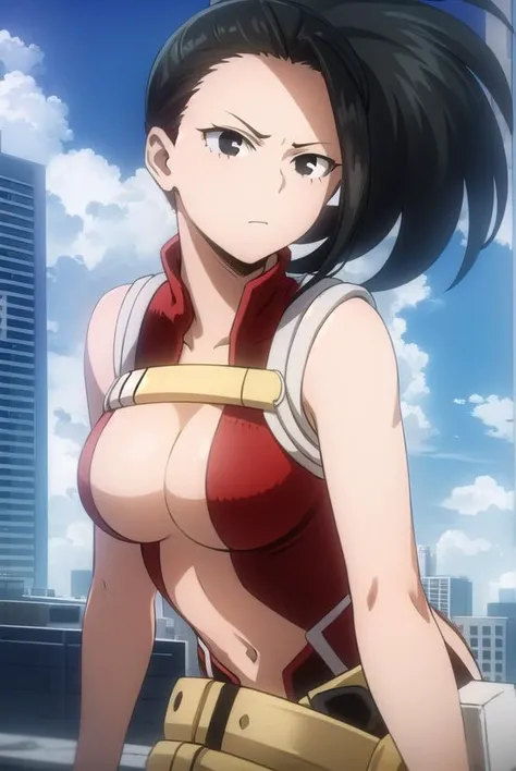 yaoyorozumomo, <lora:momo yaoyorozu s3-lora-nochekaiser:1>,
yaoyorozu momo, (momo yaoyorozu:1.2), long hair, bangs, black hair, ponytail, (black eyes:1.5), high ponytail, wide ponytail,
BREAK navel, cleavage, bare shoulders, belt, leotard, bare arms, center opening, red leotard, beltskirt,
BREAK outdoors, city, sun, sky, clouds,
BREAK looking at viewer,
BREAK <lyco:GoodHands-beta2:1>, (masterpiece:1.2), best quality, high resolution, unity 8k wallpaper, (illustration:0.8), (beautiful detailed eyes:1.6), extremely detailed face, perfect lighting, extremely detailed CG, (perfect hands, perfect anatomy),