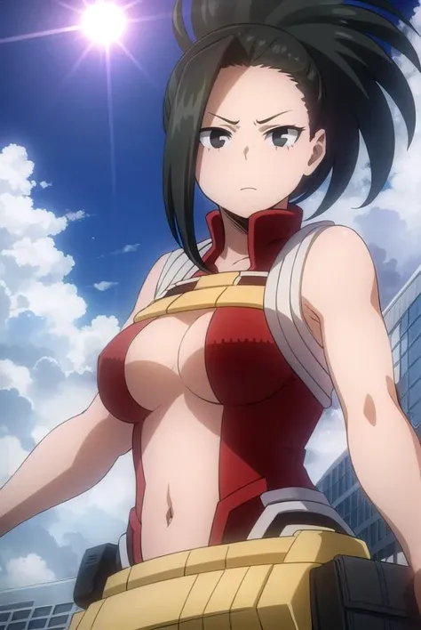 Momo Yaoyorozu, una mujer sexy y atractiva inspirada en Iron Man con un brillante robot de Iron Man. Se viste con sensualidad y confianza, interpretando perfectamente la fuerza y el carisma de Iron Man.