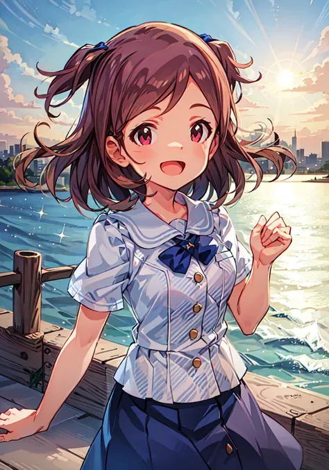 misaki aoba (million live), (best quality, 8K, masterpiece, ultra detailed:1.2), sea, day, dappled sunlight, blue sky, beautiful clouds, gradient sky, boat, skyline, cityscape, light particles, backlighting, sparkle, wide shot, lens flare, blurry background, lens flare,
1girl, solo, skirt, smile, open mouth, looking at viewer, school uniform, blue bow, (star hairclip)