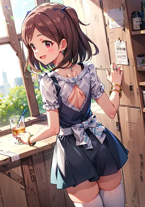 misaki aoba (million live),
(best quality, 8K, masterpiece, ultra detailed:1.2),cinematic angle,light particles,sparkle,wide shot,depth of field,blurry, detailed backgorund, dynamic pose, light rays,
day,dappled sunlight,afternoon,window,kitchen,
1girl,solo,shiny skin,smile,cute,happy,collarbone,
white apron,ribbon,white thighhighs,
wedding ring,earrings,bracelet,necklace, from above, standing, from behind