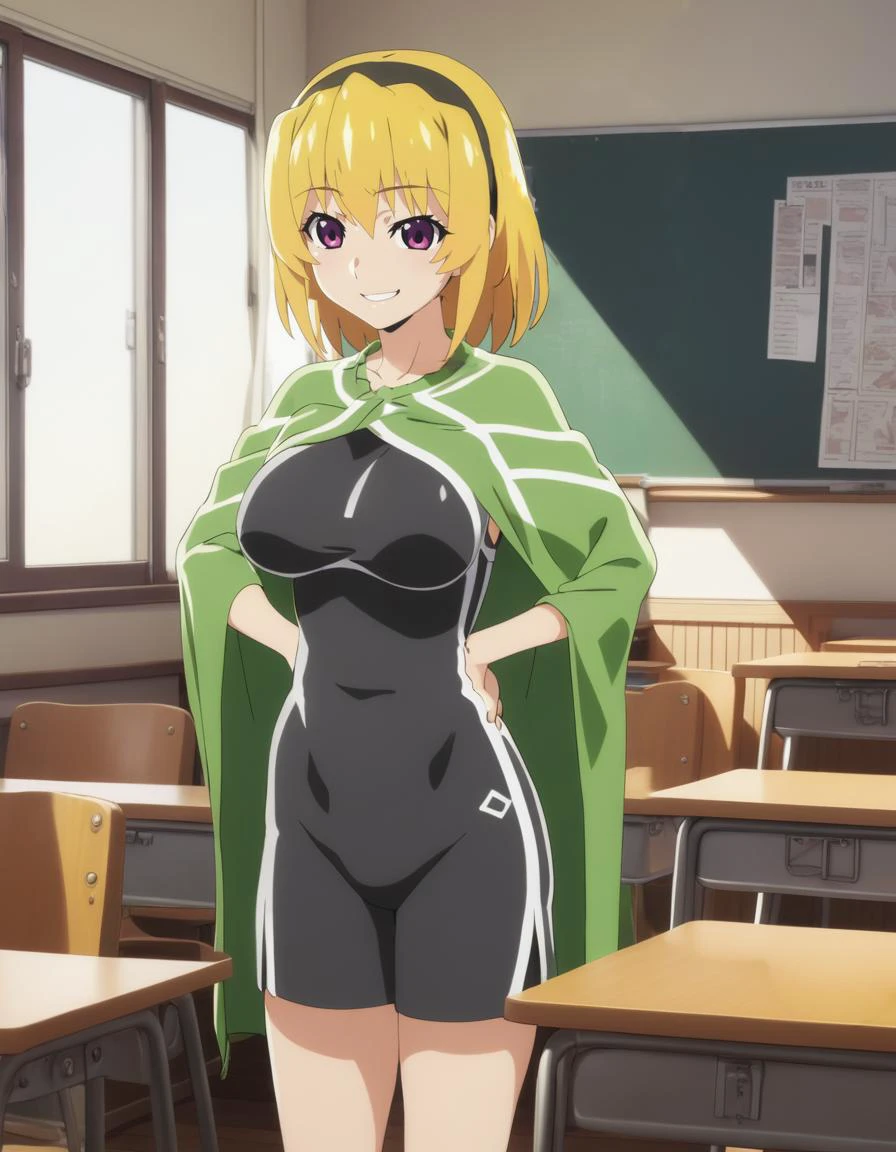 1girl,
<lora:houjousatokoXL1:0.8>,houjousatoko,
short hair,blonde hair,purple eyes,hairband,
large breasts,
smile,
classroom,
<lora:wraptowelXLv1:1>,rap,solo,standing, print,crossed_arms
masterpiece, best quality, ultra detailed, highres,4k,(ultra-detailed:1.4) (illustration:0.5), (ray tracing,:0.8),(anime colored:0.7),(ai-generated:0.5),(anime screencap:1.2),