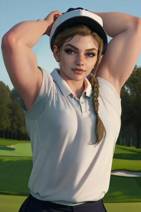 Abigail, braid, blue eyes, looking at viewer, upper body, muscular, smirk, biceps, arms up,
golf clothes, hat, sittung,
golf course,
(insanely detailed, beautiful detailed face, masterpiece, best quality),
<lora:AbigailAnderson:0.8>