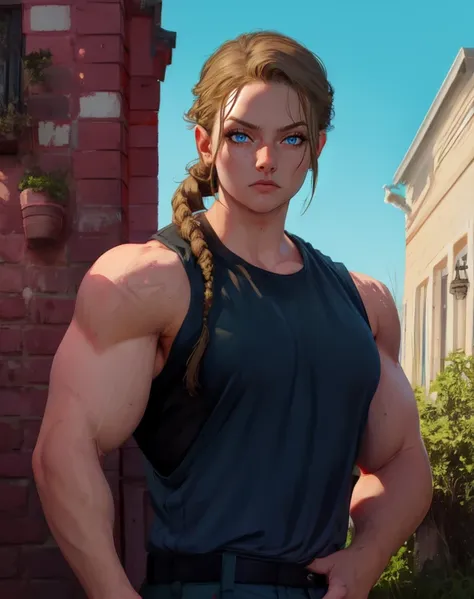 Abigail, braid, blue eyes, looking at viewer, upper body, 
standing, sleeveless,  
muscle shirt,  cargo pants,  outdoors,  
(insanely detailed, beautiful detailed face, masterpiece, best quality),  
 <lora:AbigailAnderson-10v6:0.8>