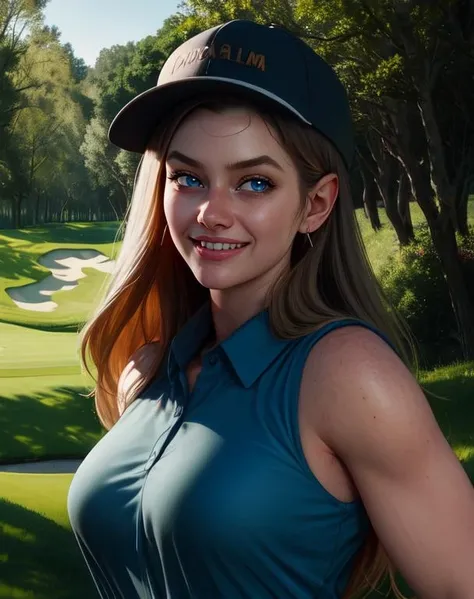 Abigail, , blue eyes, looking at viewer, upper body, long hair,
standing, sleeveless,
outdoors, collared shirt, hat, small earrings,
golf course, morning, smile,
(insanely detailed, beautiful detailed face, masterpiece, best quality),
<lora:AbigailAnderson-10v6:0.8>