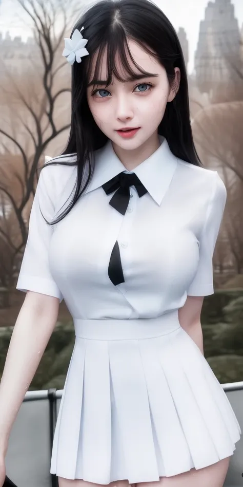 <lora:Sakurai:0.1>,(spoiled:1),(beady big shining skyblue eyes:1.3), (wearing white school uniform :1.6),(drooping eyes:1.4), (central park:1.9), (thin lips:1.5),round face,(innocent:1.5),(black hair:1.5), (looking at viewer:1),(smiling:1.3),(happy:1.2),lovely,(1girl),(delicate touch),(8k),(4k),(absurdres),perfect lighting,charming,realistic,sexy pose, alluring, clean, beautiful face, pure face,pale skin,wet, sweat,