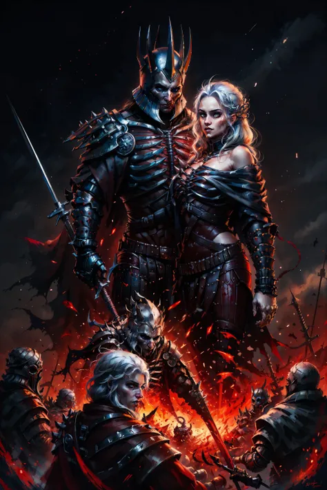 (masterpiece, best quality:1.2), <lora:eredin:0.7>, eredinW3_soul3142, 1girl, long hair, 1boy, holding, bare shoulders, white hair, sky, cape, armor, looking at another, blood, night, holding sword, helmet