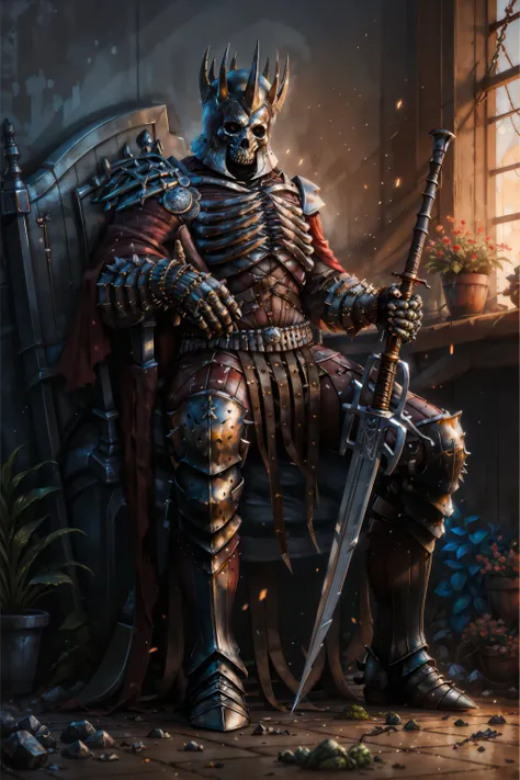 (masterpiece, best quality:1.2), <lora:eredin:0.7>, eredinW3_soul3142, solo, 1boy, sitting, full body, weapon, male focus, boots, sword, cape, armor, glowing, helmet, gauntlets, glowing eyes, skull mask, greaves, planted, planted sword, undead