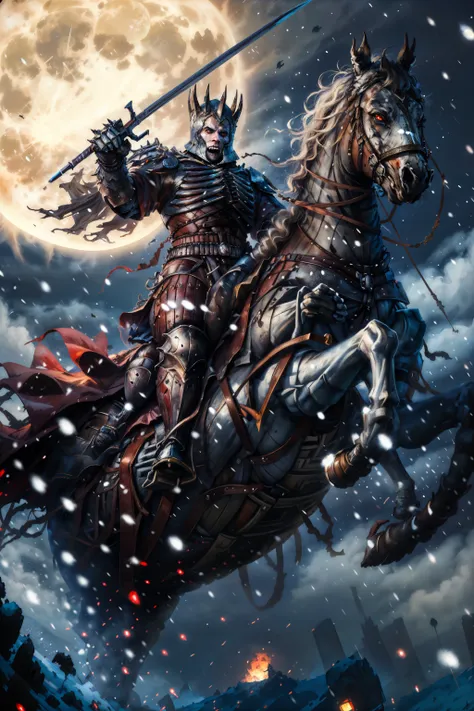 (masterpiece, best quality:1.2), <lora:eredin:0.7>, eredinW3_soul3142, red eyes, 1boy, holding, weapon, male focus, outdoors, sky, teeth, sword, holding weapon, armor, night, glowing, holding sword, moon, helmet, gauntlets, glowing eyes, full moon, snowing, riding, horse, full armor, horseback riding