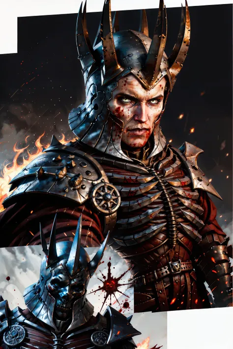(masterpiece, best quality:1.2), <lora:eredin:0.7>, eredinW3_soul3142, 1boy, grey eyes, weapon, multiple boys, sword, 2boys, armor, blood, helmet, fire, blood on face, realistic, war