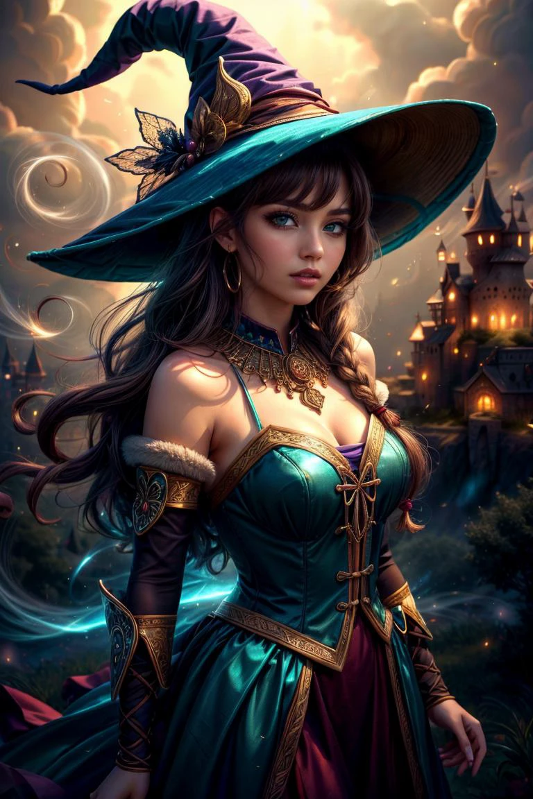 (best quality, masterpiece:1.3), 1 girl, adult woman, teal eyes, gray prom hairstyle,, portrait, looking at viewer, solo, upper body, detailed background, witch hat, witch, magical atmosphere, hair flowing in the wind, purple trimmed dark colored clothes, whirlwind of glowing magic flames in the air, dark magic, (style-swirlmagic:0.8), floating particles, ruined castle background, backlighting, dim light,, <lora:RootsBranchesAIv5:0.4>, RootsBranchesAI, <lora:add_detail:1>